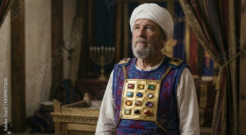Ancient priest wearing golden breastplate with twelve gemstones. Senior man with grey beard and white turban in biblical sanctuary setting. Old Testament religious theme