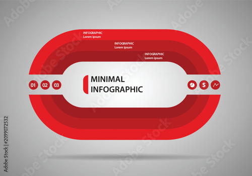 Minimal infographic element with red and gray layers and numbered circles on white background