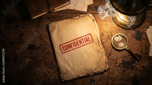 Old Confidential File Folder Lying on Detective Desk with Lamp
