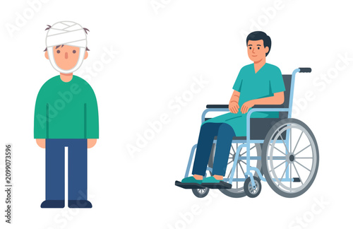 Billede på lærred Illustration Set of Injured Patients Requiring Medical Assistance and Rehabilita