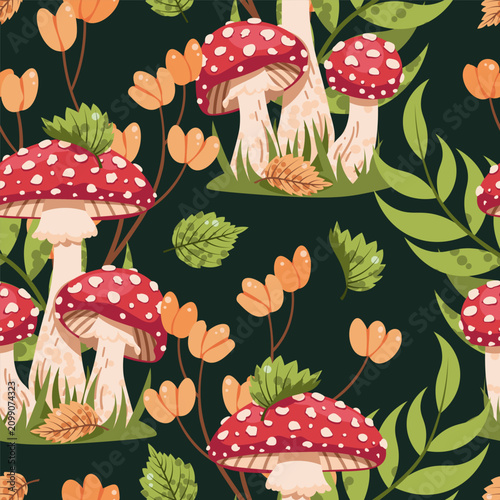 Amanita Mushrooms in Grass Seamless Pattern Flat Vector. Poisonous Fungi Forest Texture for Nature Design, Whimsical Decor. Repeat Background for Wallpaper, Textile, Wrapping Paper. Enchanted Woodland