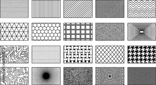 Konstfotografi Geometric pattern panel collection featuring lines, grids, zigzags, hexagons, la
