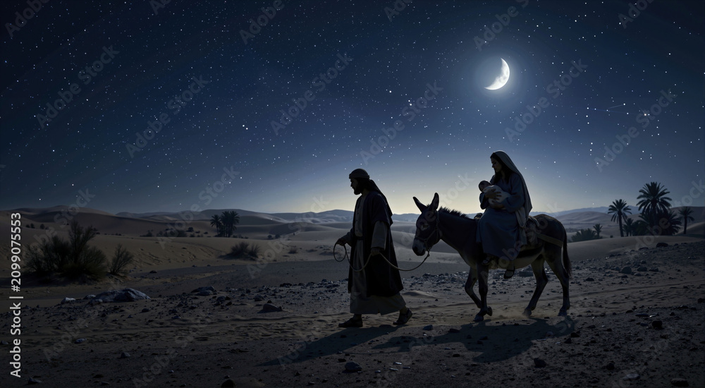 Fototapeta premium Silhouette of a family traveling through the desert at night. Man leading a donkey carrying a woman and baby under a starry sky with a crescent moon. Biblical nativity journey concept