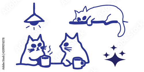 Hand drawn vector illustration of cute cats drinking coffee together in a cozy cafe setting with a sleeping cat above and decorative sparkle icons.