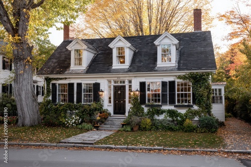 Charming English-style cottage on a New England street at golden hour