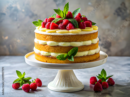 Layered Vanilla Cake with Fresh Raspberries Mint and Banana Slices