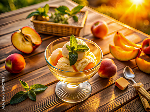 Overhead Peach Gelato Sundae in Glass Bowl with Fresh Peaches, Mint, Sliced Peaches, Whole Peaches, Bananas, Apples, Cinnamon Sticks and Spoon on Wooden Table at Sunset