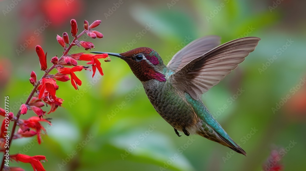 Obraz premium Close up of a male Anna's hummingbird in mid hover feeding from a vibrant garden flower