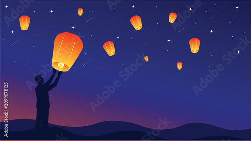Foto Sky Lantern Festival Night with Glowing Flying Lanterns and Silhouette Celebrati