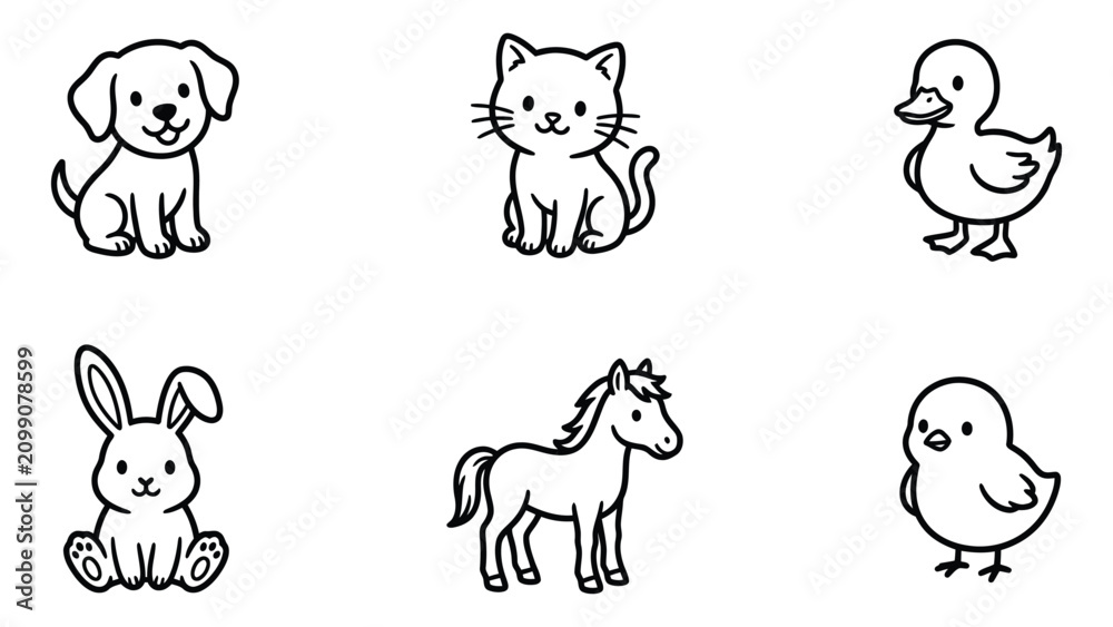Obraz premium Cute hand drawn animals set including dog cat duck rabbit horse and chick