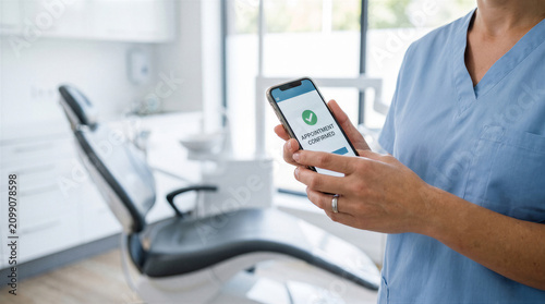 Closeup of a dentist holding a smartphone with an appointment confirmation screen in a dental office