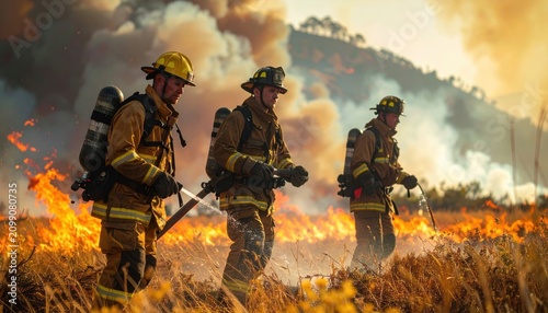 Firefighters in Action Battling Flames with Warrior Inspired Armor and Dramatic Fire Scene at Night, Fantasy Style 3D Art Featuring Helmet and Powerful Heroic Atmosphere