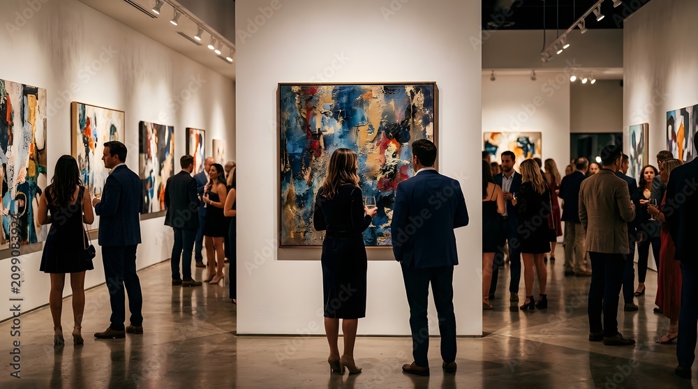 Fototapeta premium Art Gallery Crowd Admiring Abstract Paintings During Evening Event