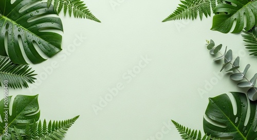 Tropical leaves and ferns arranged in a frame on a light green background with water droplets, creating a natural and vibrant scene.