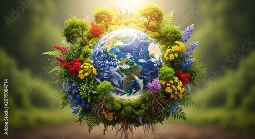 A globe with a sun shining through it, surrounded by a vibrant array of flowers and trees, set against a lush green background.