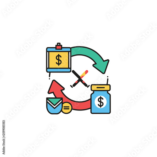 Modern flat design concept representing efficient financial management and time-saving processes with clean lines, vibrant yellow and teal colors, and a circular flow for business