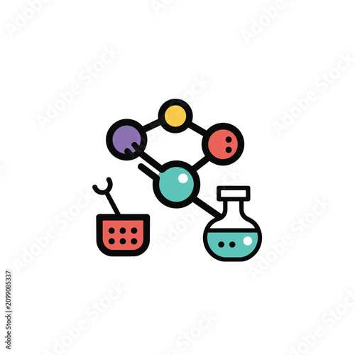 Modern, clean vector graphic depicting a molecular structure with a beaker and test tube, symbolizing scientific research, innovation, and discovery in vibrant teal, yellow, red,