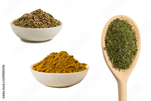 Konstfotografi Dry mint in wooden spoon isolated on white.
