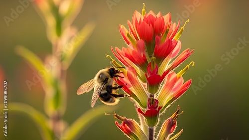 Bumblebee collecting pollen from orange indian paintbrush flower with bumblebee