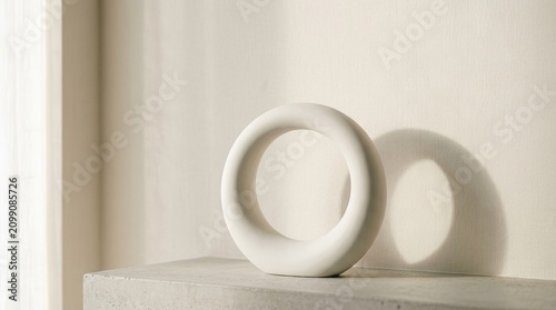 A minimalist white ceramic ring sculpture on a concrete surface with a soft, neutral background.
