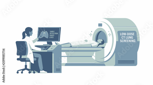 Medical professional operates low dose CT screening machine on patient