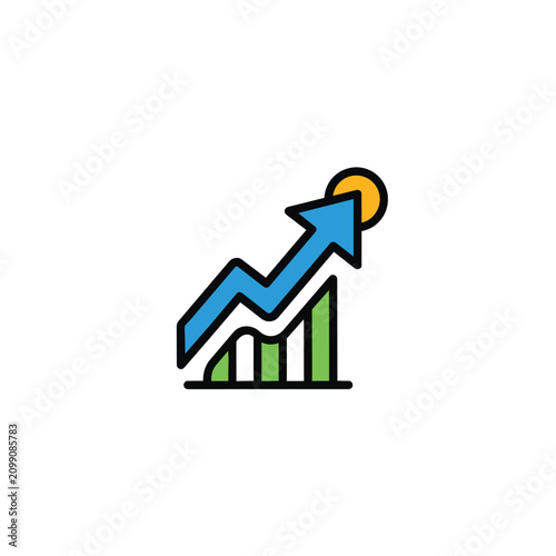 Dynamic blue arrow ascends over green bar chart, symbolizing upward financial growth and positive business progress under a bright yellow sun, conveying success and optimism.