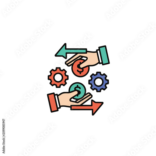 Crisp, clean vector graphic depicts a financial transaction with hands exchanging currency, gears symbolizing process, and directional arrows indicating flow in a vibrant coral,