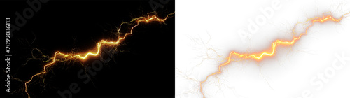 Cuadro en lienzo Bright orange lightning bolt on a transparent background showing energy and powe