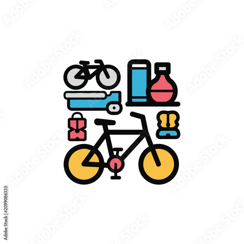 Clean vector design features a vibrant yellow and red bicycle with luggage, water bottles, and a laptop, conveying a sense of active travel and modern business commuting with