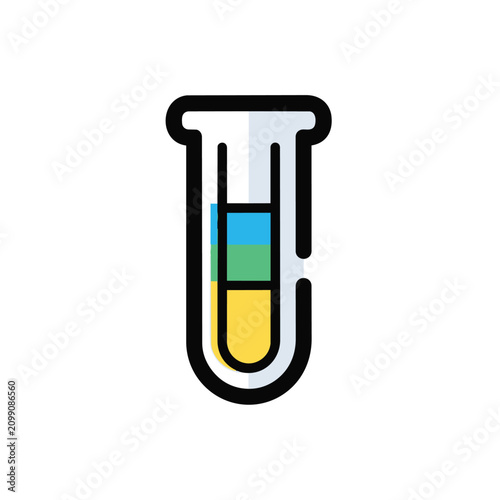 Clean, scalable vector graphic depicting a laboratory test tube filled with vibrant yellow, green, and blue liquids, signifying scientific discovery and research with a modern,