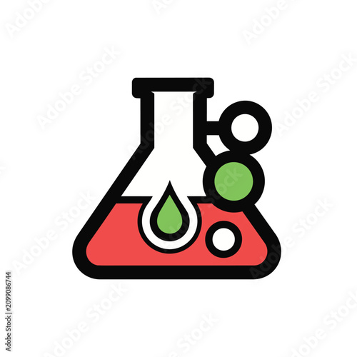 Clean, scalable vector graphic depicting a laboratory flask with vibrant red liquid, a green droplet, and molecular structures in white and green, perfect for science and