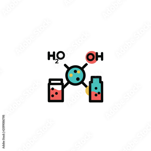 Clean, scalable vector graphic depicting a chemical reaction with h2o and oh molecules, featuring vibrant teal, red, and yellow accents within a structured, geometric composition