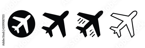 Airplane icons featuring takeoff aircraft, black flying plane silhouettes, airport airline jet symbols, circle logos, and vector pictogram designs