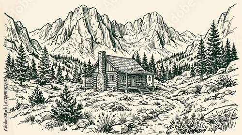 Foto A serene mountain cabin nestled among trees with a majestic mountain range backdrop in a Hand-drawn sketch of a mountain cabin scene
