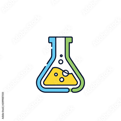 Bright yellow liquid bubbles within a clean-lined blue and green flask, symbolizing scientific discovery and laboratory experimentation with a modern, scalable graphic.