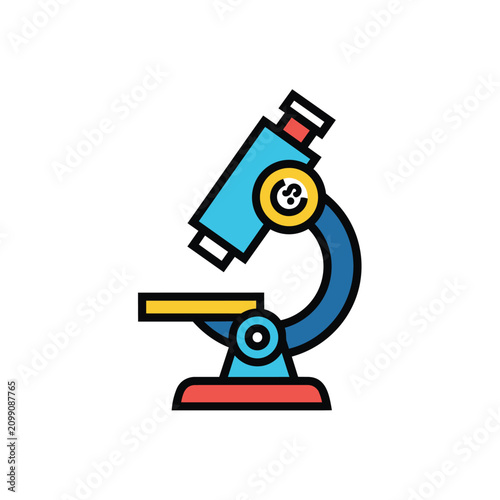 Bright turquoise and red scientific microscope with clean lines and bold black outlines, showcasing a modern, scalable graphic for research, laboratory, and educational themes.
