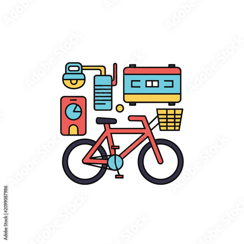 Bright red bicycle with a yellow basket, red phone, and blue and yellow transport modules, creating a vibrant, modern, and clean graphic for urban mobility concepts.