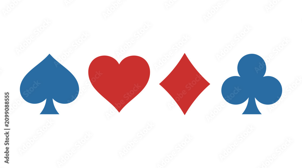 Obraz premium Four textured playing card suit symbols featuring spade, heart, diamond, and club icons. Flat design graphic illustration with red and blue colors isolated on a white background.