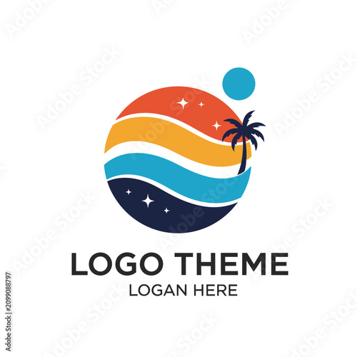 Vibrant sunset over a tropical ocean with a solitary palm tree under a starry sky, rendered in clean, scalable vector graphics with a warm color palette for versatile commercial
