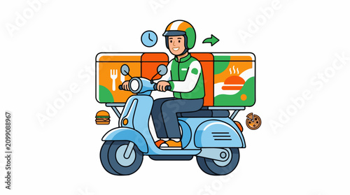 Cheerful delivery person rides scooter with insulated food carrier
