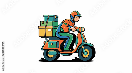 A delivery person rides a scooter loaded with boxes