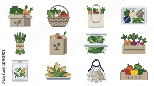Colorful flat icons of fresh vegetables in containers.