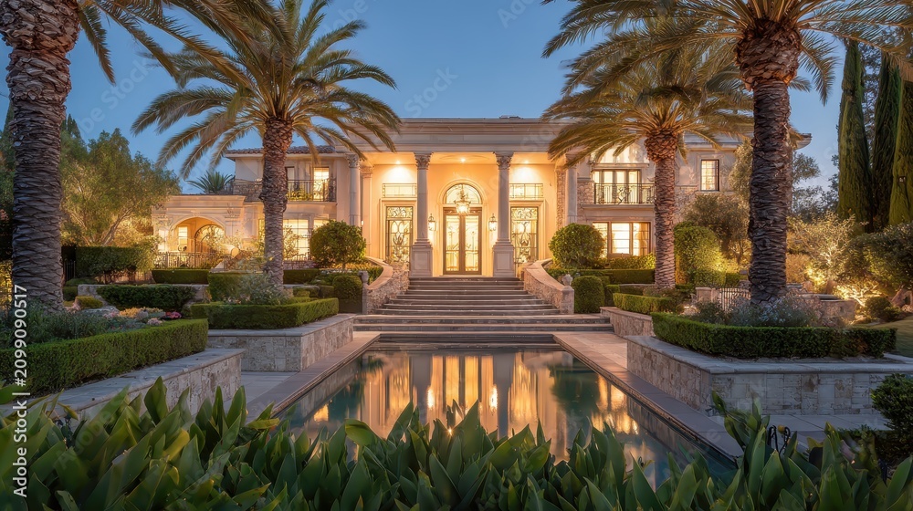 Fototapeta premium Magnificent luxury mansion entry with tropical front yard and grand stone steps