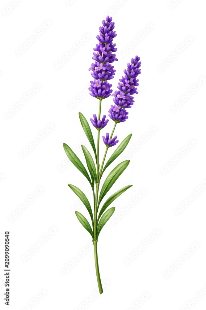 Obraz premium Illustration of a lavender sprig with purple flowers and green leaves.