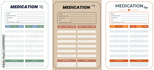 Set of three printable medication log templates featuring sections for dosage, date, time, taken status, side effects, and notes.