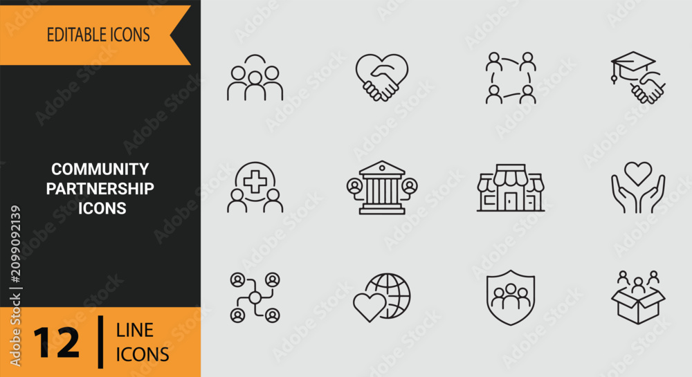 Naklejka premium Community Partnership Icons: Community Partnership Outline Icons for Social Outreach and Cooperative Local Networks