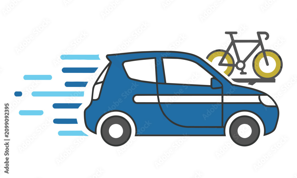 Naklejka premium Compact electric car with bicycles on a rear rack and motion lines on white background sustainable travel concept