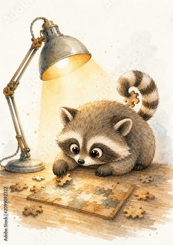 Canvas Print Cute raccoon solving a jigsaw puzzle beneath a warm desk lamp
