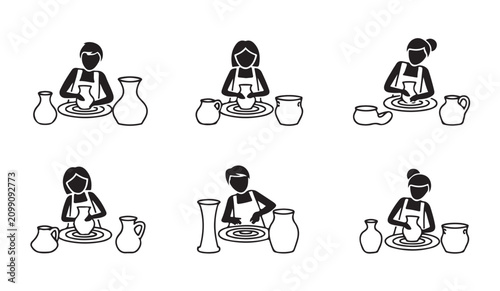 Quadro su tela Pottery making icon set featuring various artists working with ceramic clay vessels on spinning work tables now