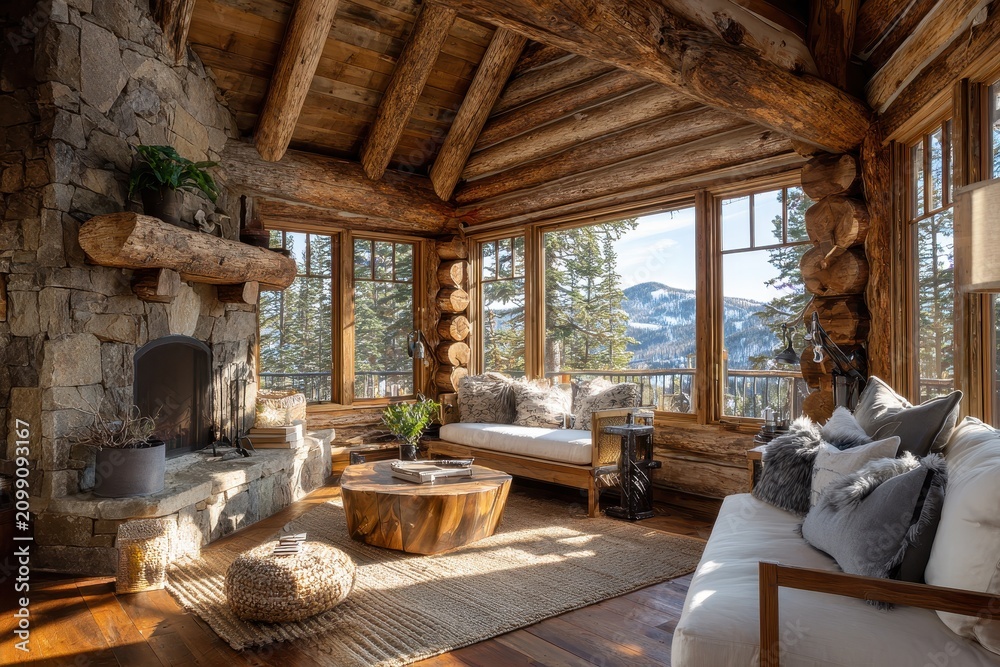 Fototapeta premium Warm alpine lounge with timber paneling and pine forest scenery